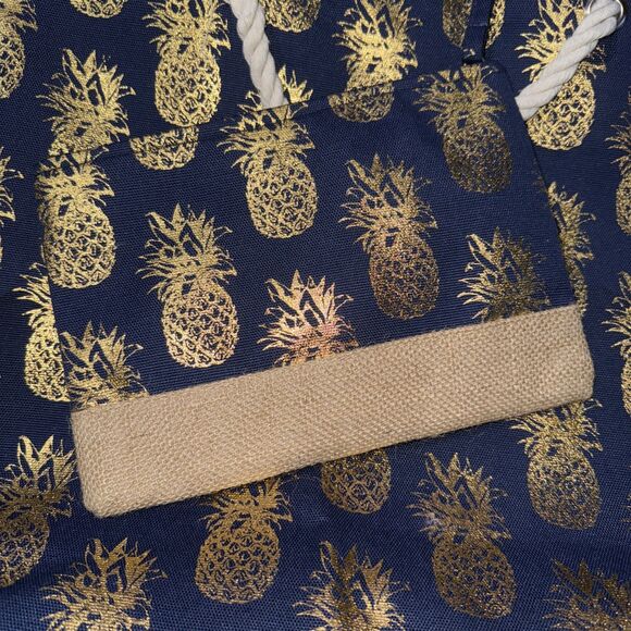 Pineapple Tote Bag Rope String Snap Closure Navy Gold Zipper Accessory Bag NWT - Picture 6 of 6